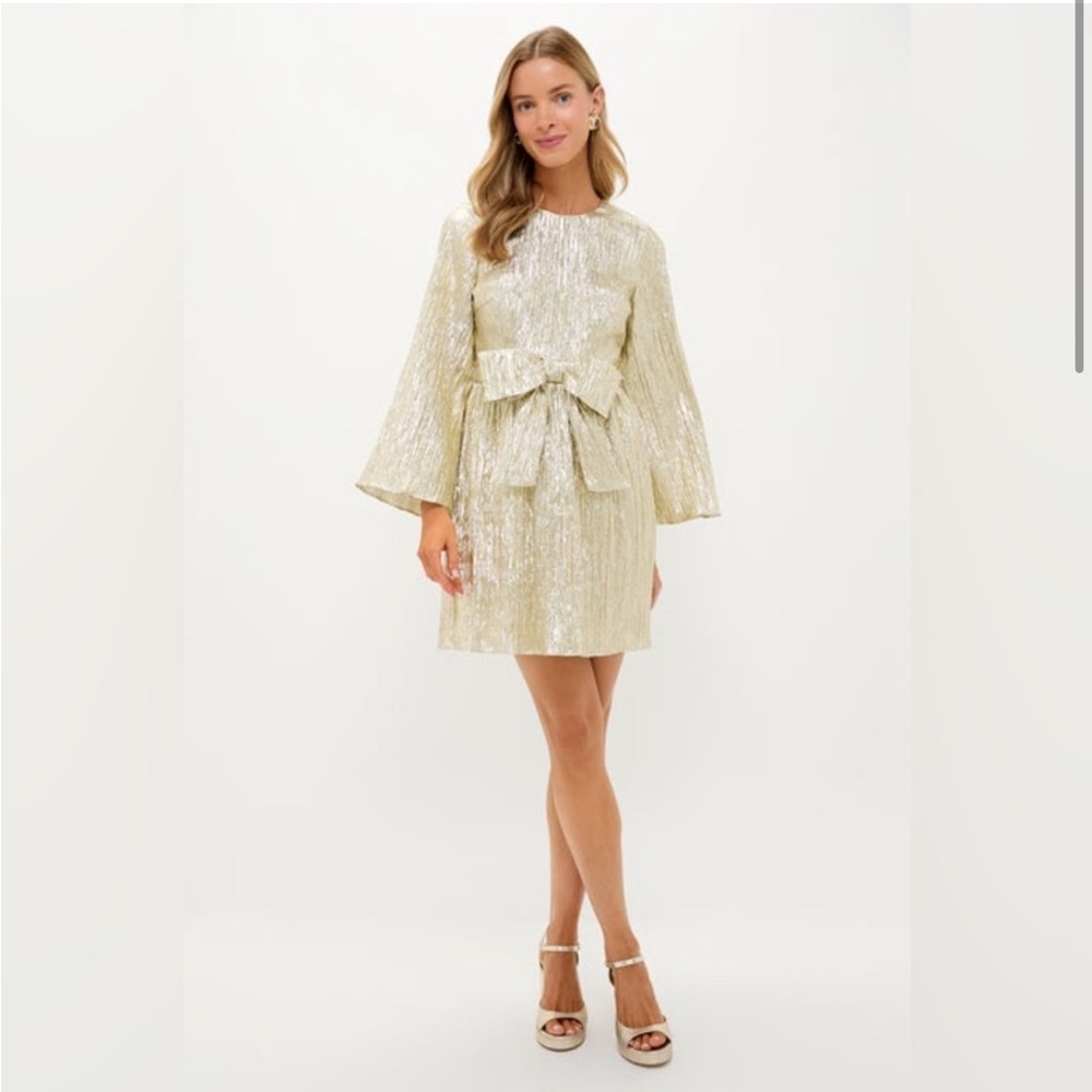 Tuckernuck Metallic Gold Long-Sleeve Bow-Front Mini Dress - Picture 2 of 5
